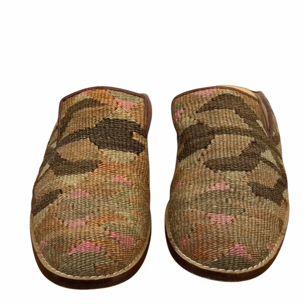 Mules Kilim Smoking Shoes Mule Women SZ 11 Tapestry Leather Wool Textile Brown